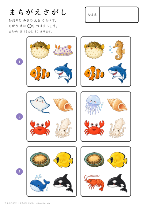 まちがえさがし かんたん11 うみのいきものの絵4こからちがう絵1こをさがすプリント（こたえつき）