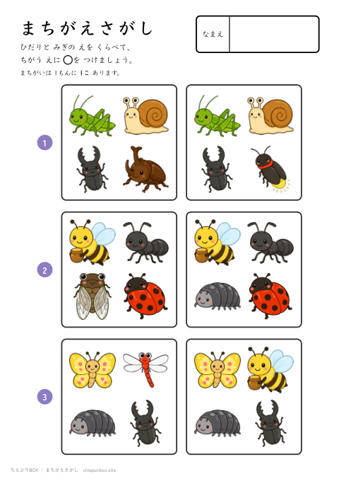 まちがえさがし かんたん20 むしの絵4こからちがう絵1こをさがすプリント（こたえつき）